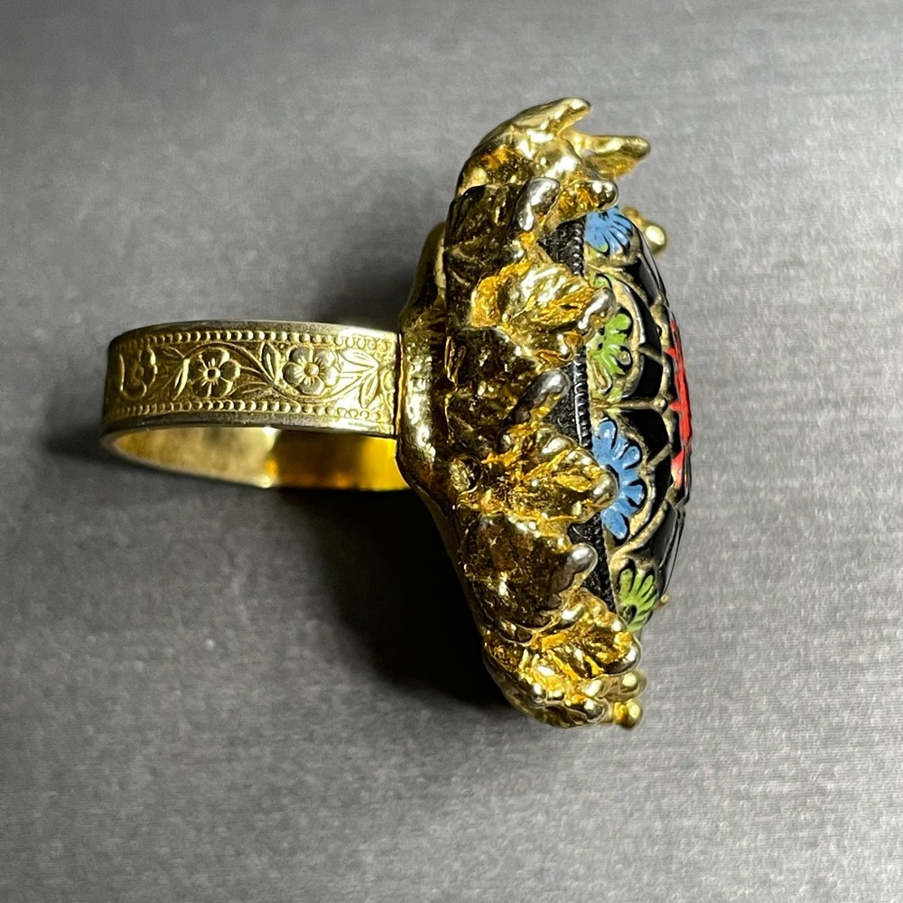 Moroccan Glass Lg Cabochon Gold Tone Leaves Vintage Adjustable Ring Sz 7 - Picture 9 of 12